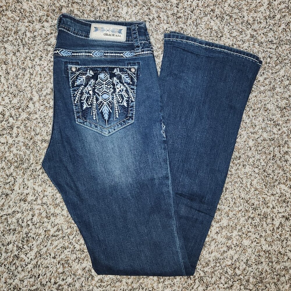 Grace in LA Women’s Easy Fit Mid-Rise Bootcut Jeans Feather Embroidery Bling Siz - Picture 5 of 14
